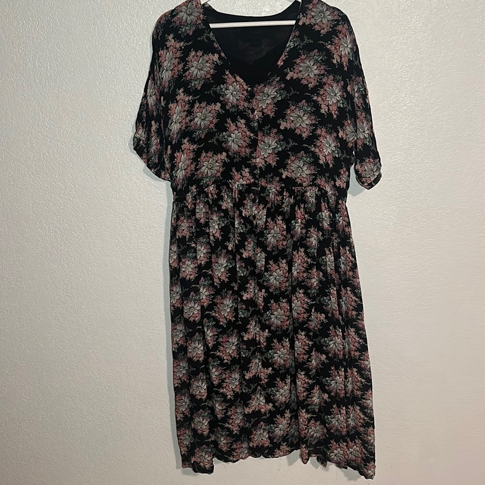 Floral Midi Dress by Nostalgia - Black and Pink